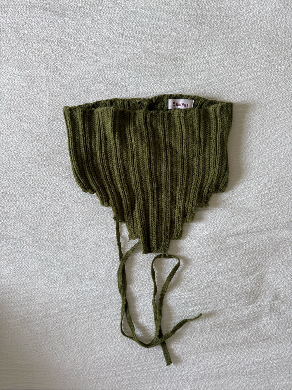 Olive Ribbed Knit Pixie Bonnet with Ties